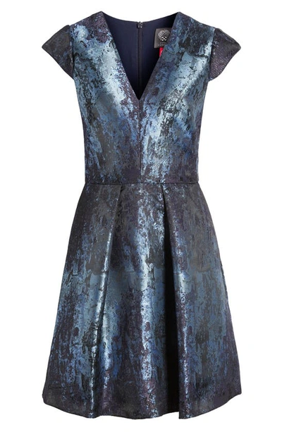 Shop Vince Camuto Metallic Abstract Print Jacquard Fit & Flare Dress In Blue