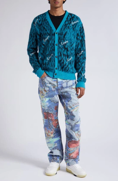 Shop Amiri Aloha Print Boro Straight Leg Jeans In Stone Indigo