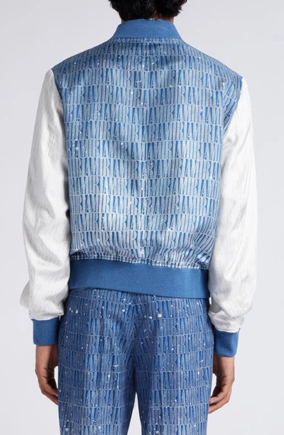 Shop Amiri Paint Splatter Gradient Logo Print Silk Twill Bomber Jacket In Blue