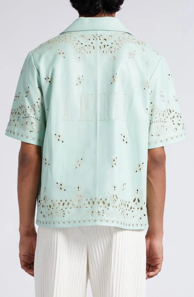 Shop Amiri Bandana Cutout Short Sleeve Leather Button-up Shirt In Mint