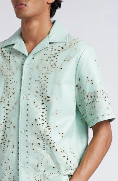 Shop Amiri Bandana Cutout Short Sleeve Leather Button-up Shirt In Mint