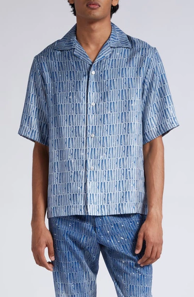 Shop Amiri Paint Splatter Gradient Logo Print Silk Twill Bowling Shirt In Blue