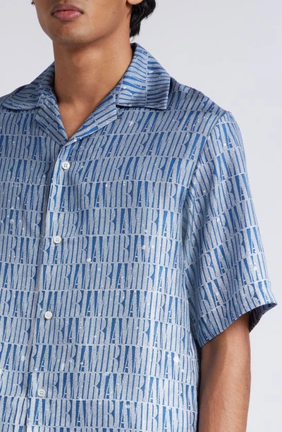 Shop Amiri Paint Splatter Gradient Logo Print Silk Twill Bowling Shirt In Blue