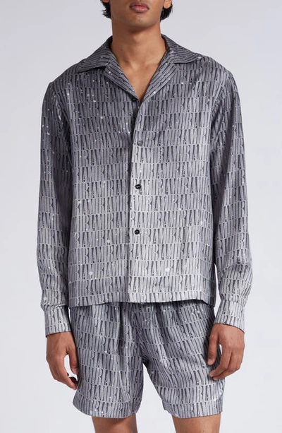 Shop Amiri Paint Splatter Gradient Logo Silk Twill Button-up Shirt In Grey