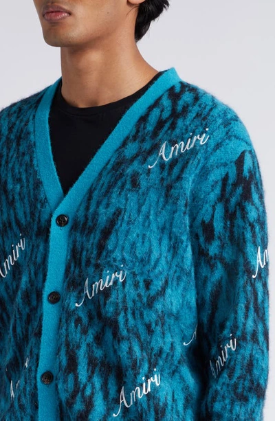 Shop Amiri Logo Embroidered Cheetah Cardigan In Aqua