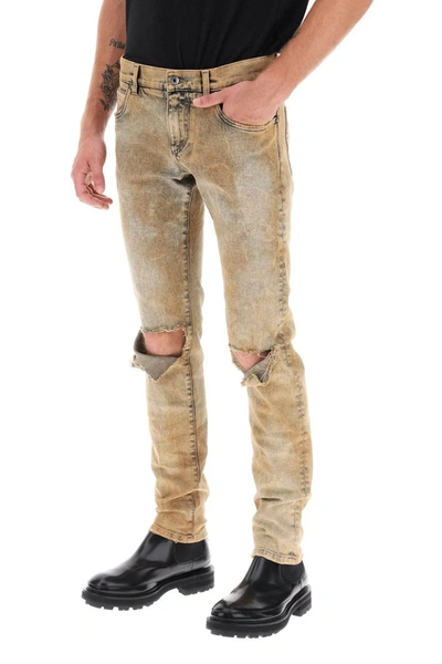 Shop Dolce & Gabbana Skinny Jeans In Overdyed Denim In Beige