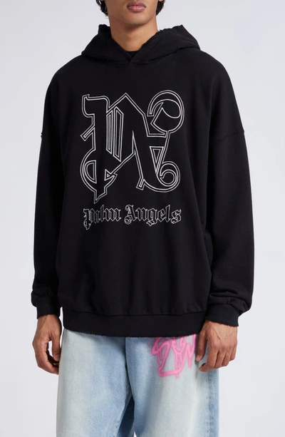 Shop Palm Angels Statement Monogram Embroidered Hoodie In Black Off White