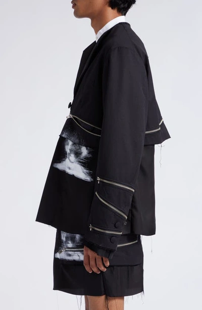 Shop Takahiromiyashita The Soloist Raw Hem Spiral Zip Detail Wool Blend Jacket In Black