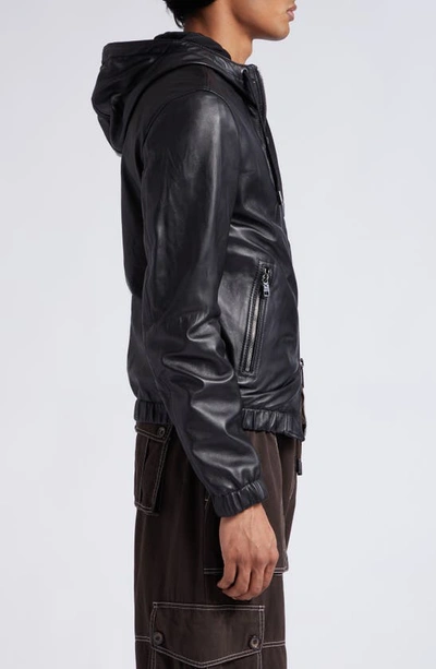 Shop Dolce & Gabbana Logo Plaque Leather Hooded Blouson Jacket In Black