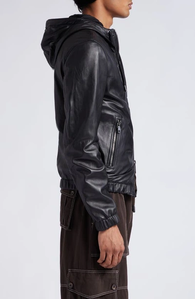 Dolce & Gabbana Logo Plaque Leather Hooded Blouson Jacket In Black
