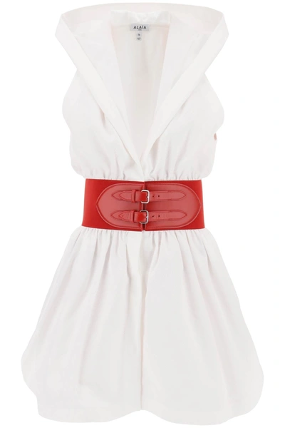 Shop Alaïa Hooded Mini Dress With Belted Waist