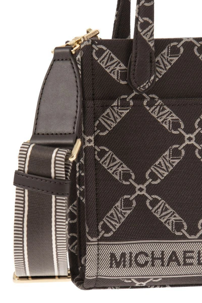 Shop Michael Kors Empire Jacquard Logo Shopper Bag Xs In Chocolate