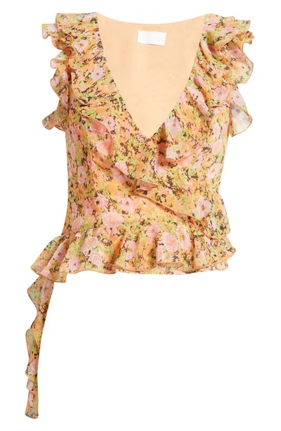 Open Edit Ruffle Sleeveless Crop Top In Orange Multi Meadow Floral