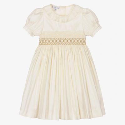 Shop Beatrice & George Girls Champagne Hand-smocked Dupion Dress In Ivory