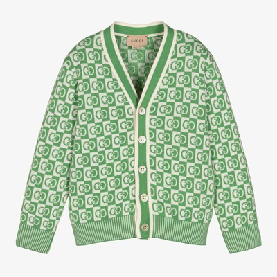 Shop Gucci Boys Green Cotton Logo Cardigan