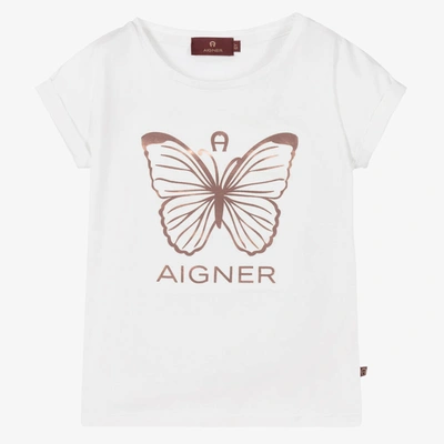 Shop Aigner Girls White Cotton Logo T-shirt