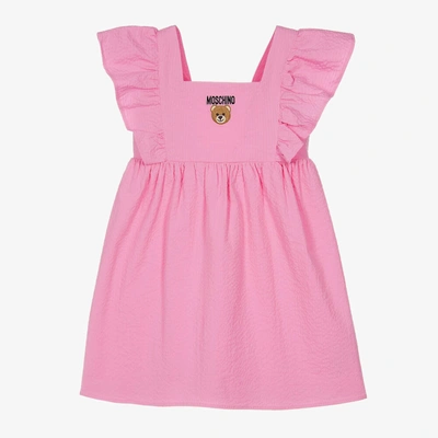Shop Moschino Kid-teen Girls Pink Cotton Seersucker Logo Dress