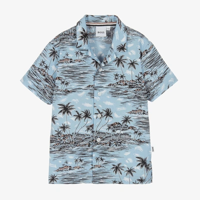 Shop Hugo Boss Boss Boys Blue Cotton Tropical Shirt