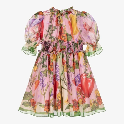 Shop Dolce & Gabbana Girls Pink Silk Farmer Print Dress