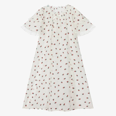 Shop Amiki Children Girls Ivory Strawberry Print Silk Nightdress