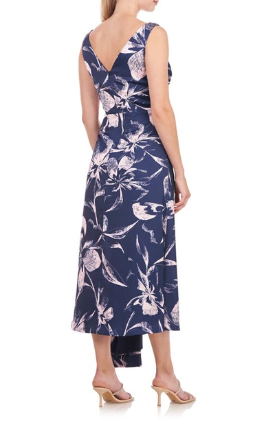 Shop Kay Unger Emmaline Floral Asymmetric Hem Dress In Deep Navy/ Pink Bloom