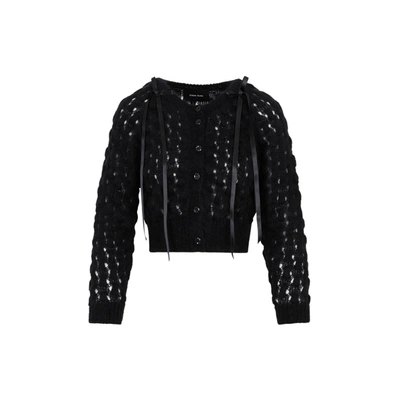 Shop Simone Rocha Long Sleeve Bubble Knit Bow Detail Cardigan Sweater In Black