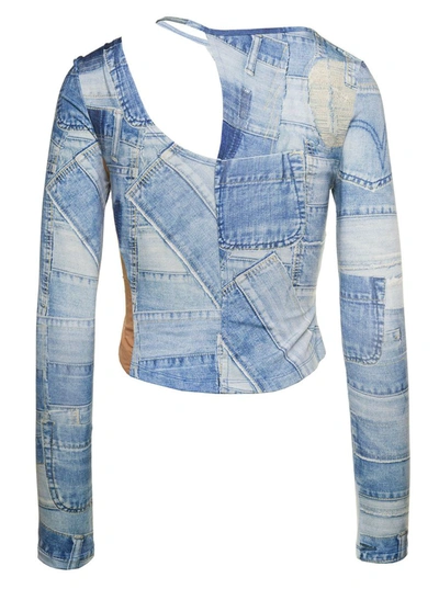 Shop Andersson Bell 'anja' Light Blue Long-sleeve Top With Cut-out And Denim Patch Print Woman