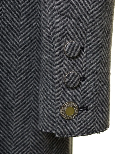 Shop Andersson Bell 'enya' Grey Asymmetric Double-breasted Coat With Herringbone Pattern In Wool Woman