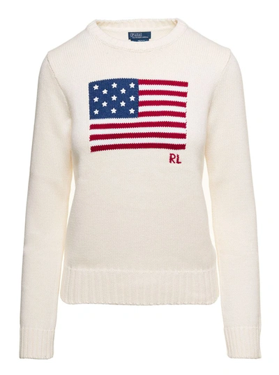 Shop Polo Ralph Lauren White Pullover With American Flag Embroidery In Cotton Woman