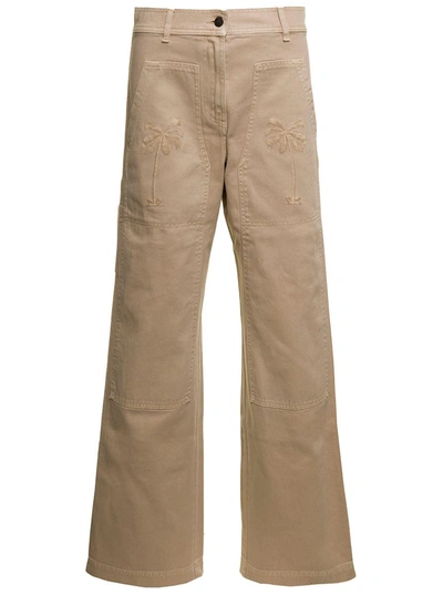 Shop Palm Angels Beige 'cargo' Pants With Embroidered Palm In Cotton Denim Woman