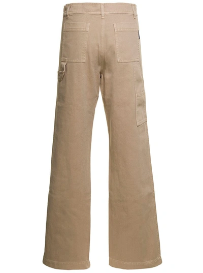 Shop Palm Angels Beige 'cargo' Pants With Embroidered Palm In Cotton Denim Woman