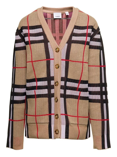 Shop Burberry 'hortence' Beige Long Sleeve Cardigan With Vintage Check Motif In Cotton Blend Woman
