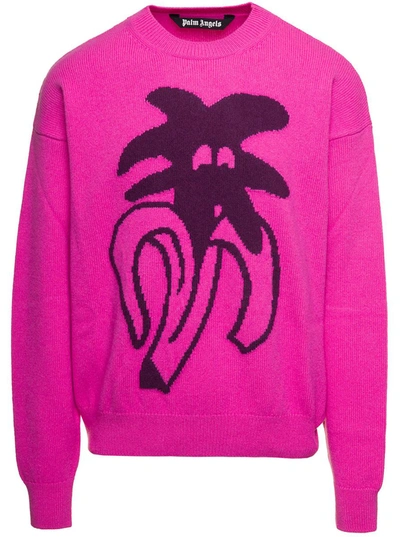 Shop Palm Angels Fuchsia 'jimmy Intarsia' Jumper With Logo Drawing In Wool Blend Man In Pink