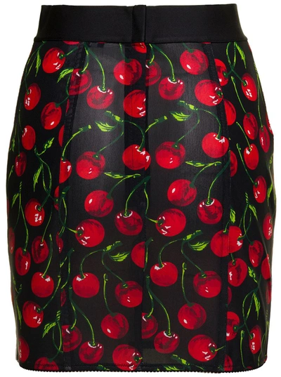 Shop Dolce & Gabbana Black Mini-skirt With All-over Cherry Print In Stretch Polyamide Woman