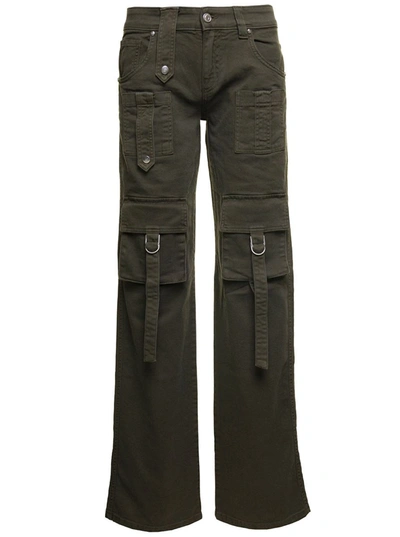 Shop Blumarine Military Green Cargo Jeans With Buckles And Branded Button In Stretch Cotton Denim Woman