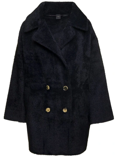 Shop Pinko Black Double-breasted Coat With Wide Revers In Eco Fur Woman