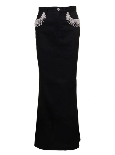 Shop Rotate Birger Christensen Black Maxi Skirt With Jewel Details Along The Pockets In Cotton Denim Woman