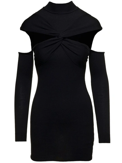 Shop Coperni Mini Black Dress With Mock Neck And Twisted Cut-out In Wool Woman