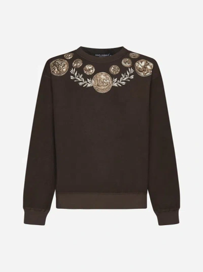 Shop Dolce & Gabbana Coin Print Cotton Sweatshirt In Brown