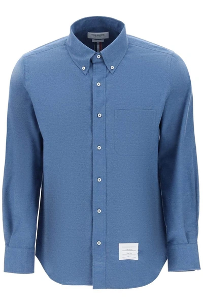 Shop Thom Browne Flannel Shirt With Back Tricolor Band In Blue