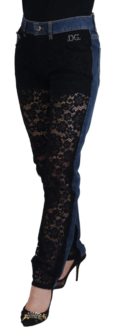 Shop Dolce & Gabbana Black Floral Lace Front Skinny Denim Women's Jeans In Black And Blue