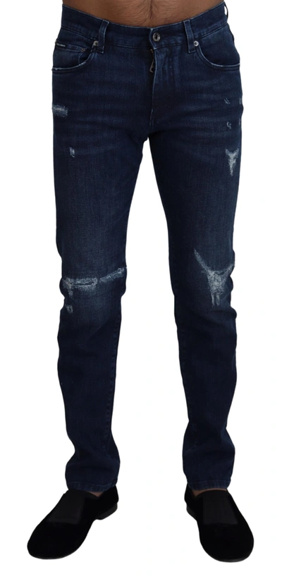 Shop Dolce & Gabbana Blue Cotton Skinny Tattered Denim Men's Jeans