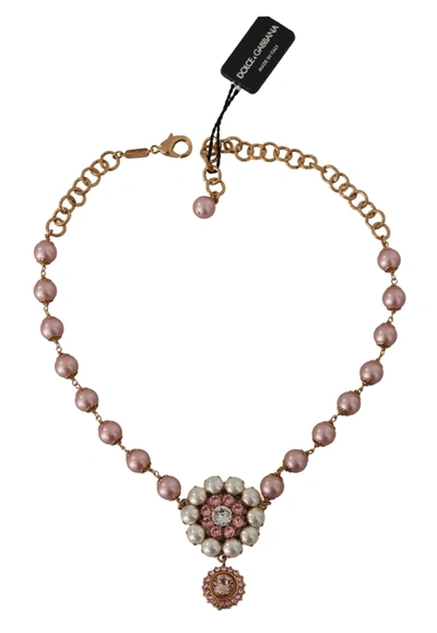 Shop Dolce & Gabbana Gold Brass Crystal Pink Faux Pearl Pendants Women's Necklace In Gold And Pink