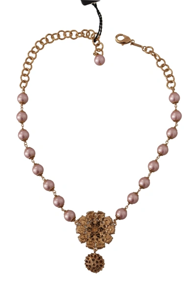 Shop Dolce & Gabbana Gold Brass Crystal Pink Faux Pearl Pendants Women's Necklace In Gold And Pink