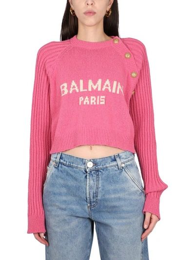 Shop Balmain Crewneck Sweater With Logo In Pink