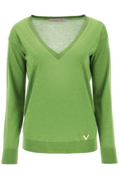 Shop Valentino Garavani Sweater In Cashmere And Silk With 'v Gold' Detail In Green