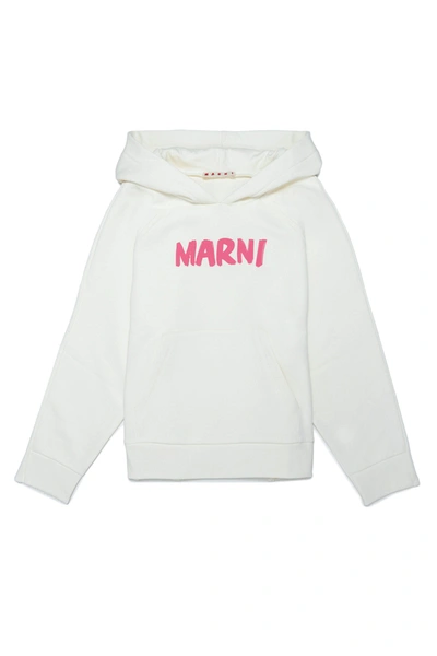 Shop Marni White Cotton Hooded Sweatshirt With  Brush Logo