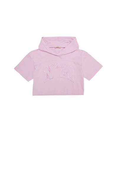 Shop N°21 Pink Cropped Jersey T-shirt With Hood And Tone-on-tone College Logo
