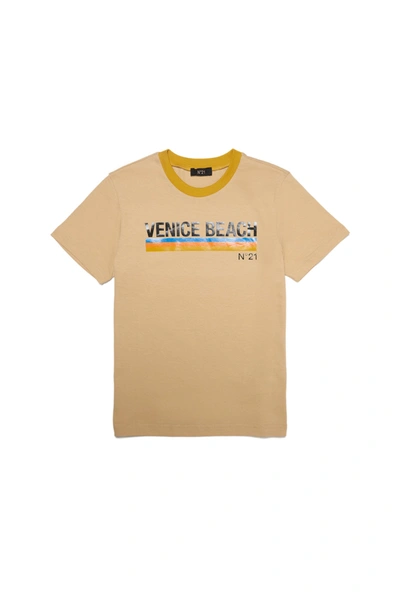 Shop N°21 Beige Jersey T-shirt With Venice Beach Print And Logo