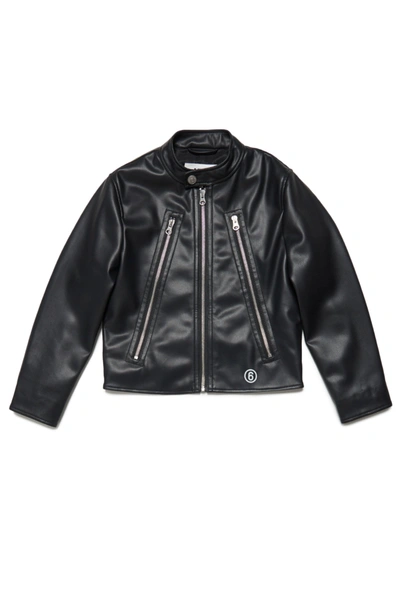 Shop Mm6 Maison Margiela Black Fake Leather Jacket With Logo